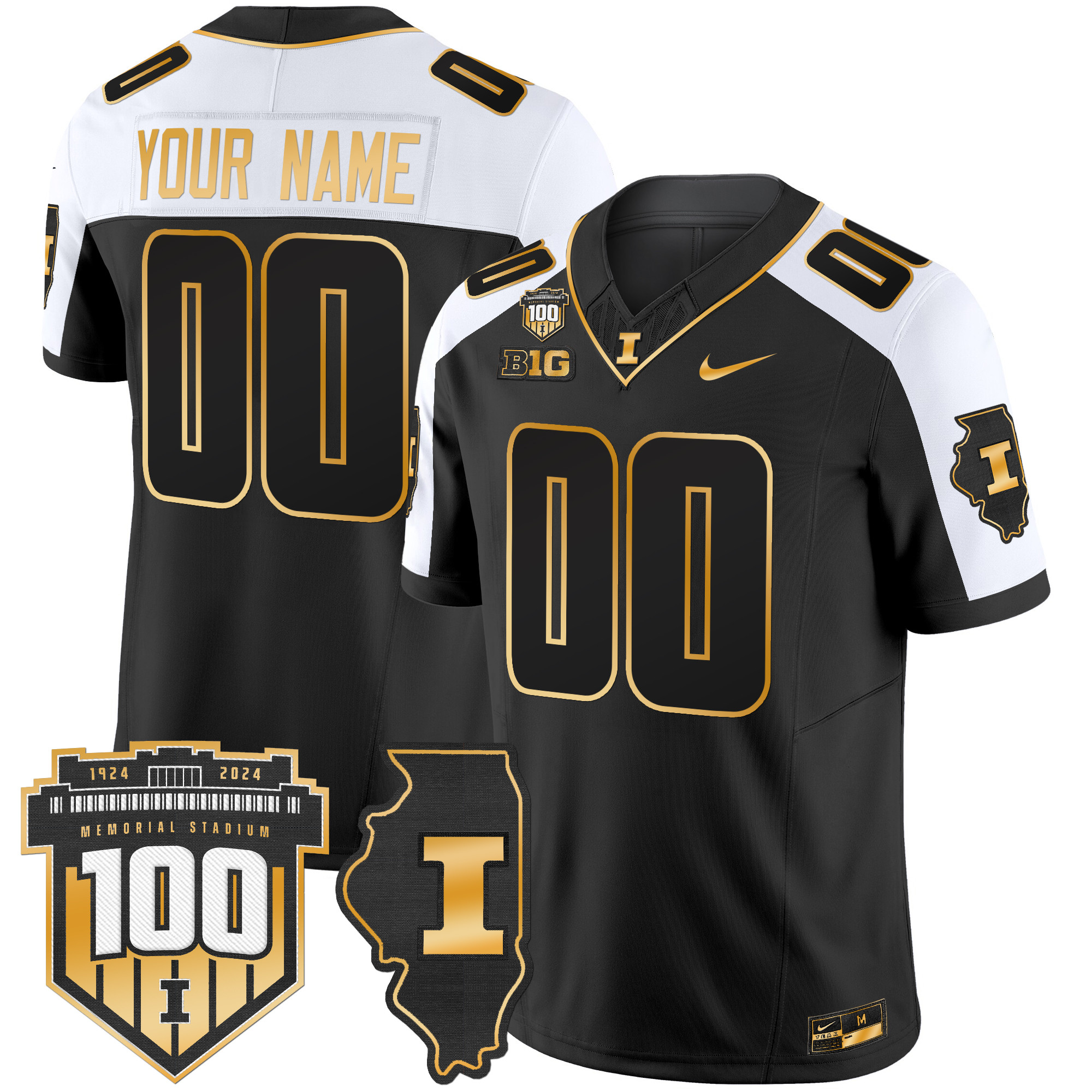 Illinois Fighting Illini 100th Memorial Stadium Patch Gold Vapor Limited Custom Jersey All Stitched