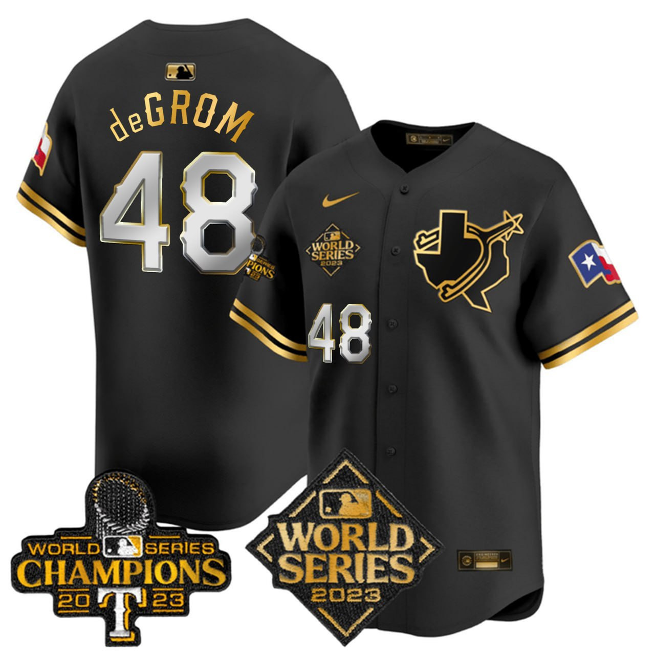 Jacob deGrom Texas Rangers 2023 World Series Champions Black Gold Limited Jersey  All Stitched